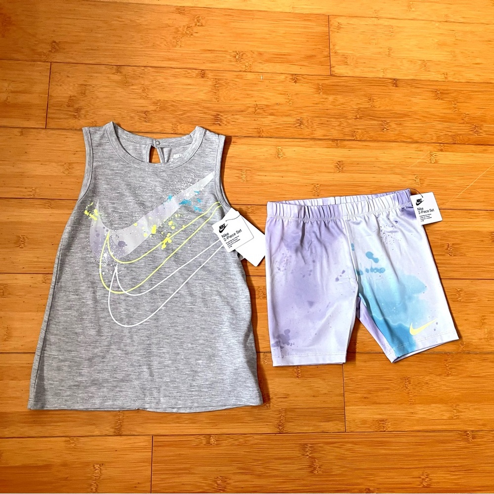 NWT Girls Size 6 Nike Gray Tank & Purple-Blue Bike Shorts Matching Set Outfit